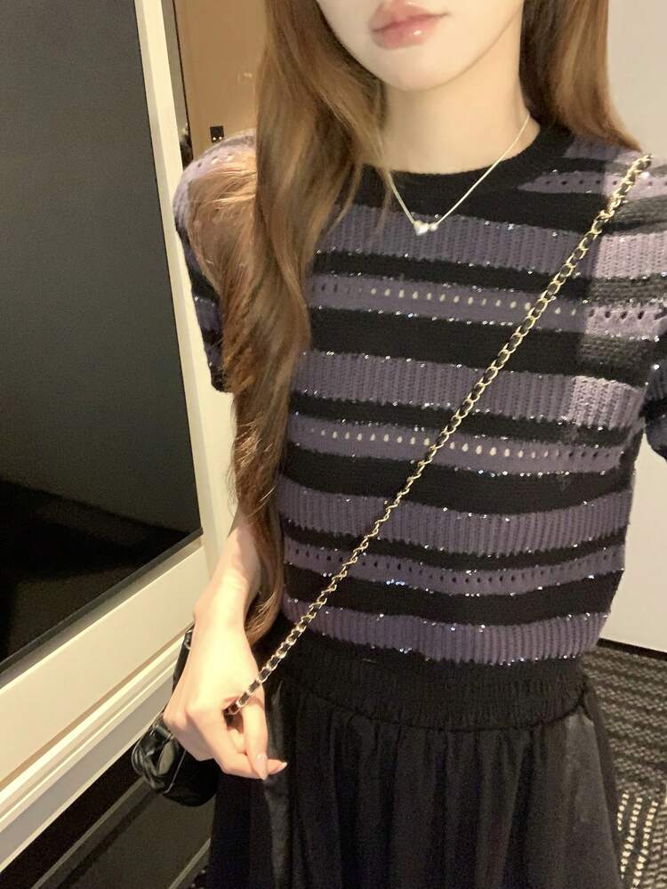 Women's Hollow-Out Contrast Color Knit Top, Korean Style Versatile Round Neck Sweater