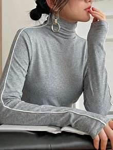 EMERY ROSE Plus Size High Neck Grey Long Sleeve T-Shirt In Plain Knitted Fabric With Rib-Knit Casual Style - Grey - View 3