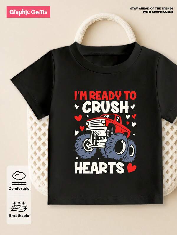 SHEIN GraphicGems Baby Boy Cool Car Print Short Sleeve T-Shirt, Fashionable For Summer Valentine's Day