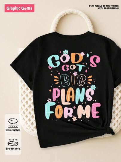 SHEIN GraphicGems Young Girl Casual Cute Colorful Floral & Letter Slogan Print Short Sleeve T-Shirt, Summer, School, Campus, College Summer Holiday