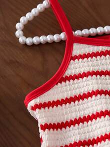 SHEIN Genkimix Kids 女童夏季新款简约黑白条纹黑色抽绳拼接连体裤，饰有蝴蝶结，休闲运动风连体衣 - 紅色 - 查看 5