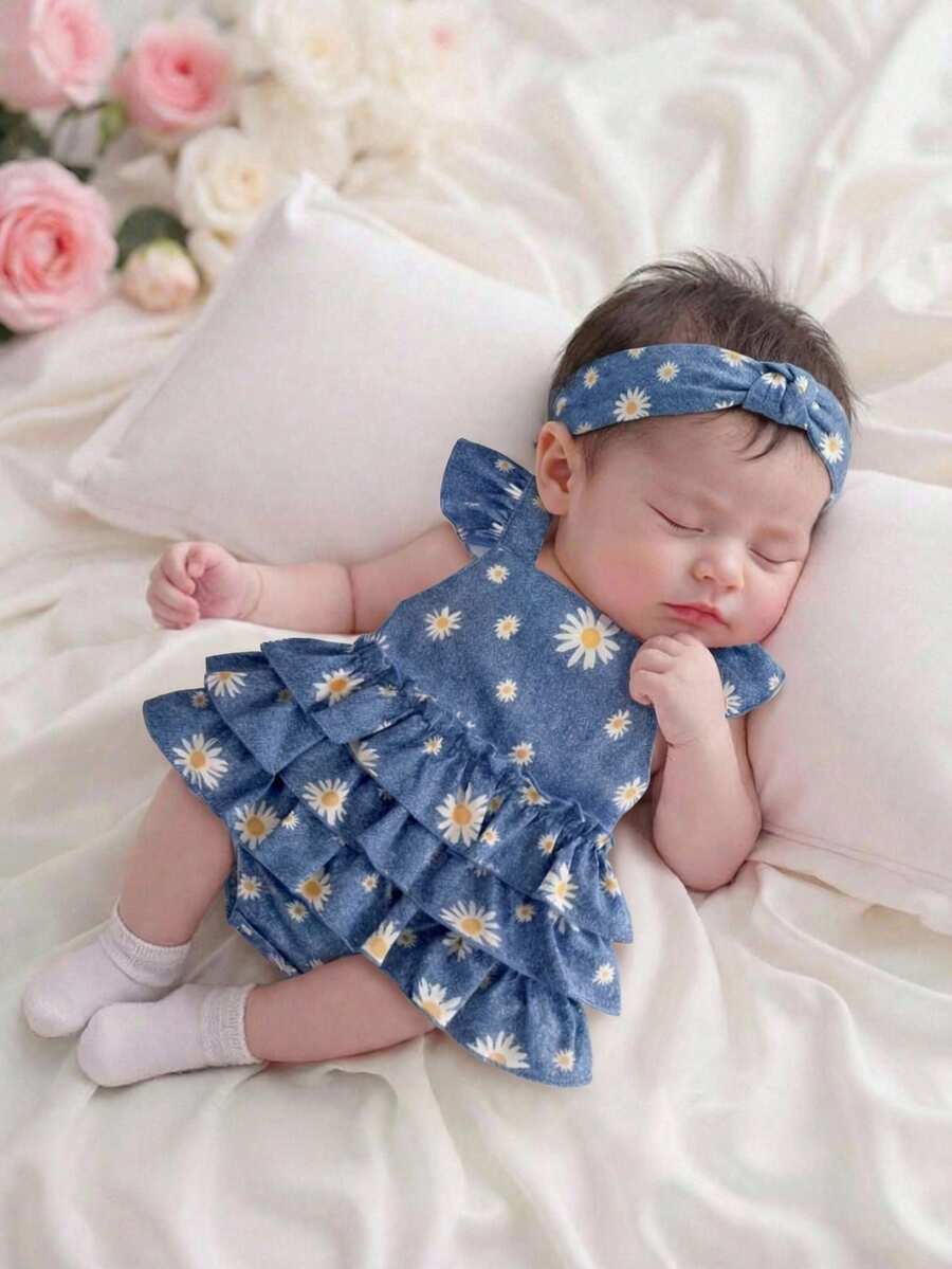SHEIN Vintaside Kids Bộ áo liền quần tay ngắn nhiều lớp bèo nhún, thoải mái, dễ thương cho bé gái, chất liệu vải dệt, phù hợp cho mùa xuân/hè. - Màu xanh lam - Xem 1