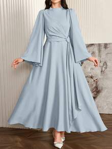 Modelyn Women Elegant Solid Color Bell Sleeve Arabic Dress, Autumn Long Evening Dresses - Blue - View 6
