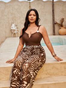 Swim Oasis Plus Size Women 2-Piece Set,Solid Brown V-Neck Bandeau Crop Top & High Waist Leaf Print Mesh Long Pants Swimsuit,Summer Beach Holiday Holiday Premium - Brown - View 6