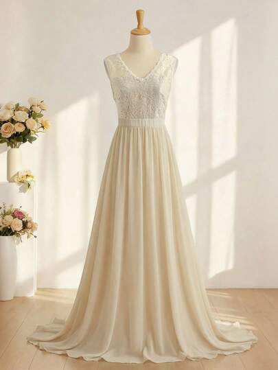 优雅甜美蕾丝拼接雪纺无袖收腰长裙，适合婚礼、舞会、生日、派对等各种场合，四季皆宜。