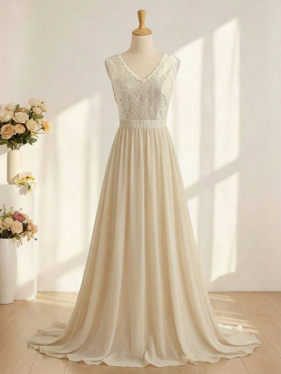 Đầm dài không tay bằng chiffon, thanh lịch, ngọt ngào, phối ren và bèo nhún, thích hợp cho đám cưới, dạ hội, sinh nhật, tiệc tùng, mọi mùa. - Màu be - Xem 1