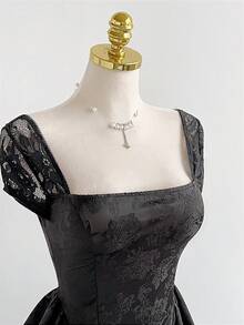 Elamini Fashionable Sweet Date Satin Jacquard Contrast Lace Sexy Backless Mini Dress - Black - View 7