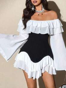 Elenzga 大码女式优雅浪漫性感黑白拼接飘逸雪纺露肩荷叶边下摆弹力修身长袖喇叭袖迷你连衣裙，春秋季 - 黑與白 - 查看 5