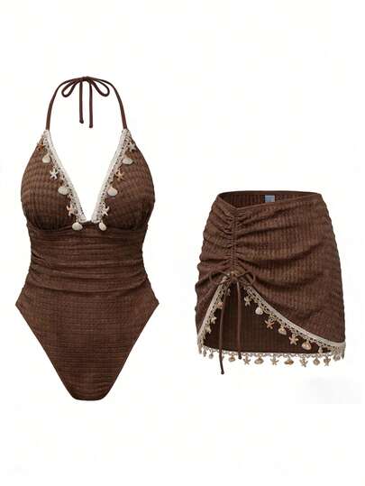 Swim Oasis Bikini de dos piezas con parte superior de triángulo de unicolor con cadena de concha y falda con pliegues en el bajo