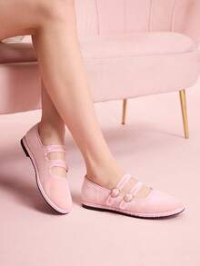 CUCCOO DOLLMOD 女士经典浅粉色双条纹丝绒平底鞋 - 粉色 - 查看 5