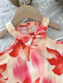 Bộ quần áo bé gái 6 tháng-3 tuổi, 2 món/set, thanh lịch và quyến rũ, phong cách thường ngày thoải mái, gồm áo không tay xếp ly in hoa và quần short in hoa. - Đỏ - Xem 6