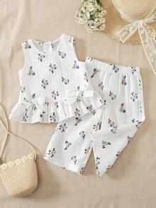 SHEIN 2pcs Baby Girl Casual Cute Bow Sleeveless Top And Pants Set Summer Outfit Sets - White - View 1