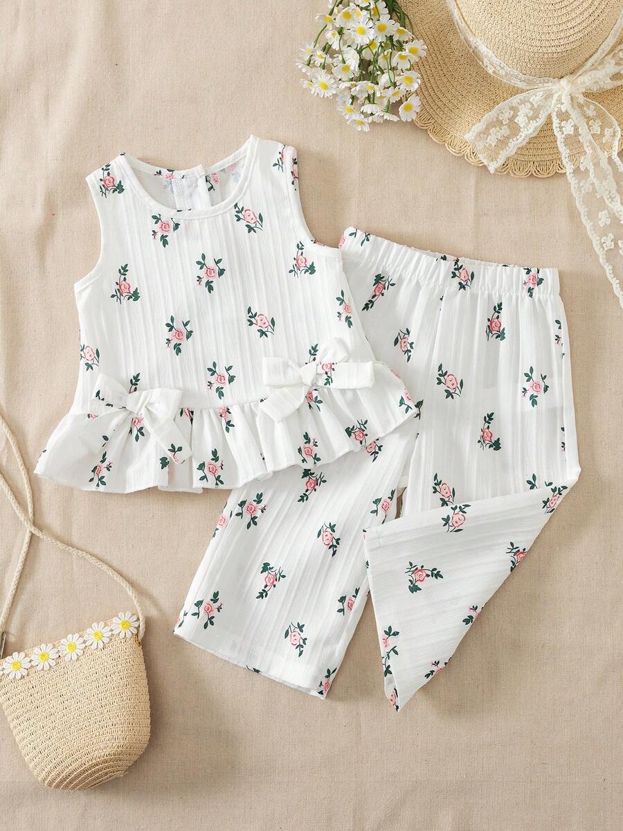 SHEIN 2pcs Baby Girl Casual Cute Bow Sleeveless Top And Pants Set Summer Outfit Sets - White - View 1