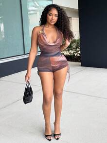 Alexandranx Women's Retro Ombre Print Mesh Metal Decor Layered Ruffle Plunging Neck Jumpsuit, Sexy Slimming Fashion For Party, Date, Valentine's Day, Carnival, Easter, Western, Cruise, Holiday, Beach, Music Festival, Boho Vacation, Suitable For All Seasons Brown Romper Women Bodysuits For Women Romper Beach Club Outfit Havana Nights Outfit Beach Dinner Outfit Sexy Vacation Outfits - Coffee Brown - View 5