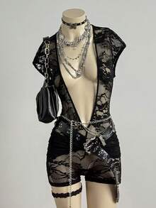 EgrlEra Bộ jumpsuit nữ gợi cảm phong cách punk tối màu, chất liệu ren xuyên thấu, cổ chữ V sâu, ôm sát cơ thể, không kèm thắt lưng xích. - màu đen - Xem 4