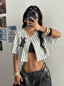 StreetHx Streetwear Women's Striped Letter Print Short Sleeve Shirt - White - View 3