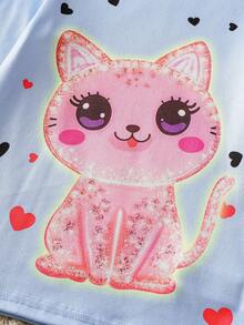 2pcs Girls Cute Cat & Heart Glow-In-The-Dark Print Snug Fit Pajama Set, Long Sleeve Top And Pants - Multicolor - View 7