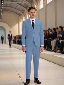 SHEIN 2pcs Tween Boy Gentleman Outfit,Long Sleeve Jacket + Trousers Suit,Blue And White Striped,Summer,Elegant,Traditional,Wedding Formal Attire For Prom - Blue - View 4