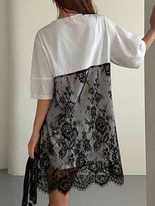 DAZY 女士夏季休闲时尚度假通勤撞色蕾丝宽松连衣裙 - 白色 - 查看 3