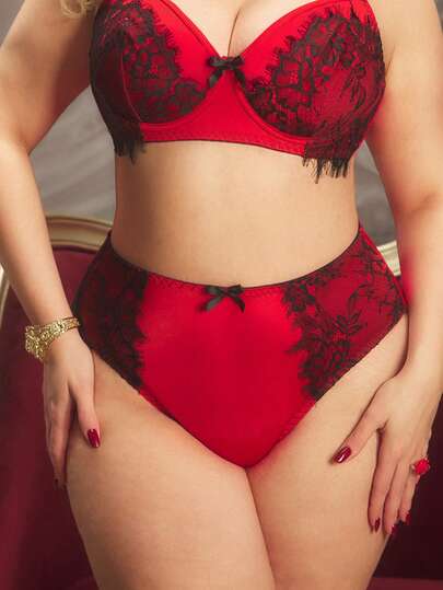 Plus Size Underwear, Black Lace Patchwork + Bow Decor, Vintage Style For Music Festival, Vacation, Party