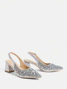 CUCCOO TILAWA Women's Shoes Square Heel Glass Rhinestone Decorative Pointed Women's High-Heeled Shoes, Suitable For Going Out, Banquets, Parties And Other Activities - Silver - View 10