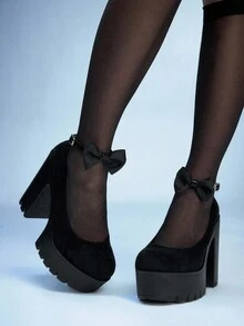 Sugerpunk 女士性感蕾丝花卉厚底高跟鞋，时尚红色蝴蝶结踝带装饰，厚底防水粗跟玛丽珍鞋，适合夜店派对 - 黑色 - 查看 1