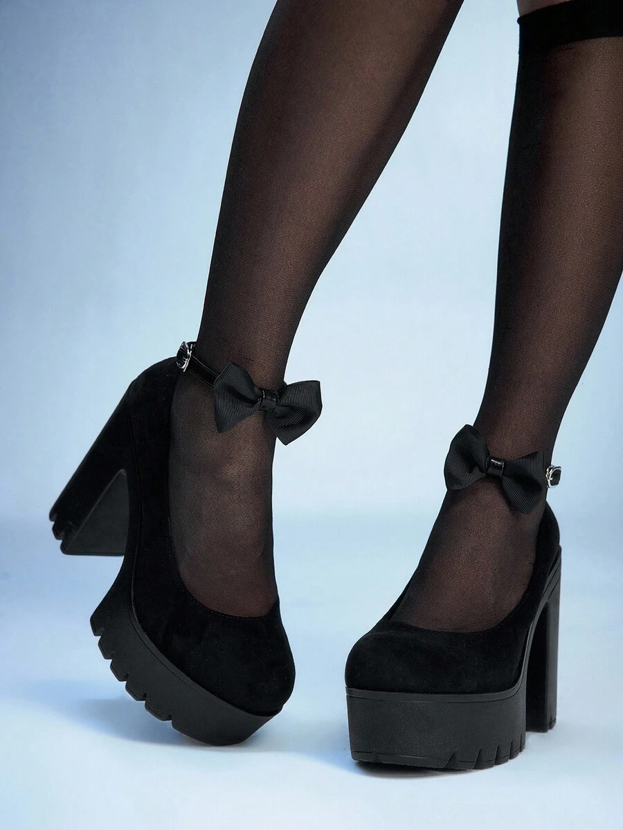 Sugerpunk 女士性感蕾丝花卉厚底高跟鞋，时尚红色蝴蝶结踝带装饰，厚底防水粗跟玛丽珍鞋，适合夜店派对 - 黑色 - 查看 1