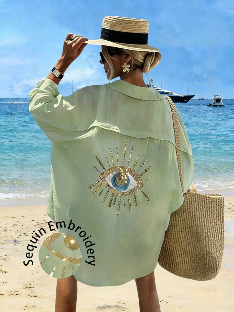 Vaclyn Women's Casual Eye Print Single-Breasted Shirt Dress - Pastel Green - View 1