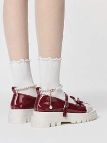 ROMWE Kawaii 女士可爱蝴蝶结蕾丝拼接坡跟厚底鞋 日系学院风浪漫甜美酒红色白色撞色鞋 - 白紅拼接 - 查看 5