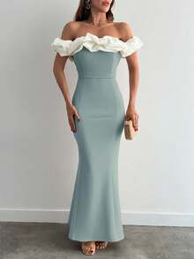 EURMUSE Two Tones Off Shoulder Ruffle Trim Bodycon Dress, Elegant Dress - Mint Green - View 1