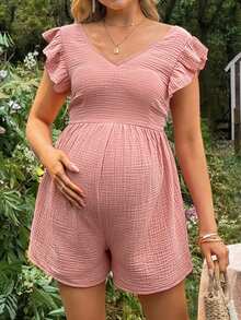 SHEIN Romper Kasual Musim Panas Minimalis untuk Ibu Hamil, Warna Polos, Bertekstur, Leher V, Lubang Lengan Berkerut, Tanpa Punggung, dan Ikatan di Depan - Redwood - View 5