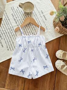 SHEIN LMoss Kids 一件式可爱女婴连体衣：休闲、简约、可爱的条纹连体衣，饰有通体印花和蝴蝶结。适合生日派对、晚宴、演出、婚礼、洗礼、开幕式、日常穿着、上学、郊游以及秋冬季节。 - 藍色 - 查看 2