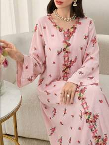 Modelyn 女士编织花卉印花荷叶边宽松长袖阿拉伯连衣裙 - 粉色 - 查看 7