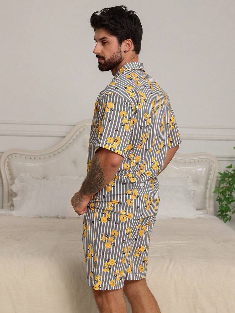 Summer Short Sleeve Floral Print Casual Pajama Set For Men