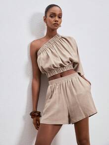 ATUI Studio 女士休闲纯色无袖露脐上衣和短裤两件套，夏季 - 駝色 - 查看 1