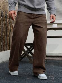 DAZY Men's Autumn Navy Blue Raw Denim Wide Leg Jeans With Patch Design - Brown - View 5