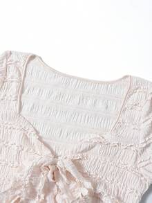 Modelyn Plus Size Women Lace Texture Tie-Waist A-Line Short Sleeve T-Shirt, French Romantic Elegant Gym Brown Summer - Apricot - View 5