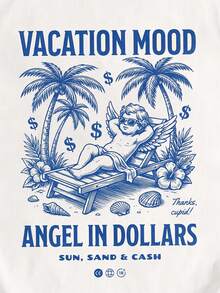 Manfinity Joysei Men's Round Neck Angel Letter Print Casual Versatile Top, Suitable For Leisure, Vacation And Outings - White - View 3