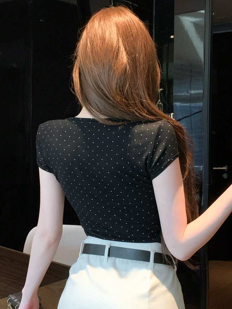 Women's Summer Round Neck Polka Dot Fabric Drawstring Short Sleeve Casual T-Shirt