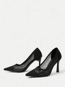 CUCCOO HITCHD 女士尖头高跟鞋，水钻装饰网布鞋面，时尚舒适，适合日常、派对、婚礼等场合，一脚蹬款式 - 黑色 - 查看 4