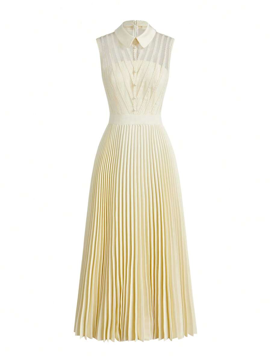 ZEYLAH 对比色蕾丝褶饰连衣裙 - 杏色 - 查看 1