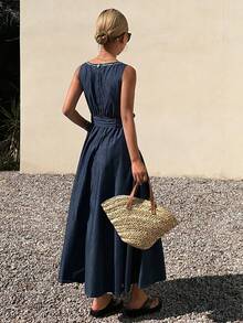 DAZY 女士圆领无袖收腰长款优雅牛仔连衣裙 - 深色水洗藍 - 查看 4