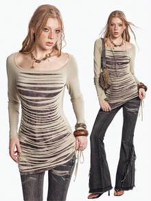 Bloopia 不对称做旧设计长袖T恤，性感抽绳褶皱修身休闲上衣，适合秋冬季穿着 - 卡其色 - 查看 5