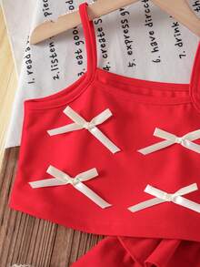 Young Girls Festive Red 2 Pieces Outfit, Sleeveless Top With Bow And Ribbon Details, Layered Ruffles Shorts, Perfect For Spring Summer Birthdays&Parties - Red - View 8
