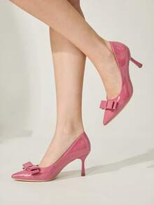 CUCCOO CHICEST 四季新款蝴蝶结尖头细跟中跟优雅通勤风简约舒适绿色漆皮女士高跟鞋，适合圣帕特里克节、圣诞节、约会、下午茶、职场时尚等场合。 - 西瓜紅 - 查看 5