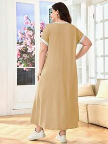 SHEIN Lacomfia Plus Size Women Patchwork Striped Round Neck Short Sleeve Casual Loose Dress - Khaki - View 2