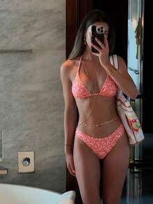 Swim Mod Conjunto de bikini de verano para mujer con cuello halter y estampado de rayas en la playa con impresión al azar - Multicolor - Ver 1