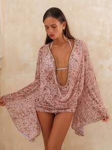 Swim Chiccia Women's Pink Camo Summer Beach Holiday Cover-Up,Boho Deep Draped Neck Long Sleeve Mesh,Shell & Starfish Decor Casual Resort Elegant Swimsuit Outfits - Multicolor - View 4