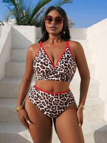 Slaydiva 2026 New Plus Size Women 2pcs Leopard Print Red Trim Contrast Color Deep V Neck Bikini Set, Beach Vacation - Multicolor - View 7