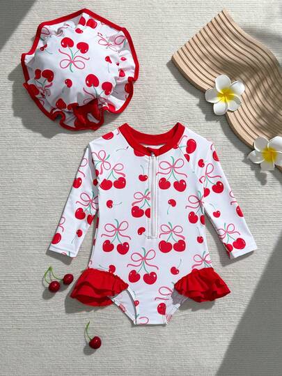 SHEIN Vintaside Kids 女婴可爱红白樱桃印花荷叶边长袖连体泳衣，带帽子，弹力舒适，适合夏季游泳